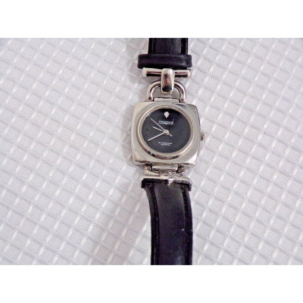 Vintage Prestige Women's Wrist‎ Watch Silver & Black Square Face Small  Diamond